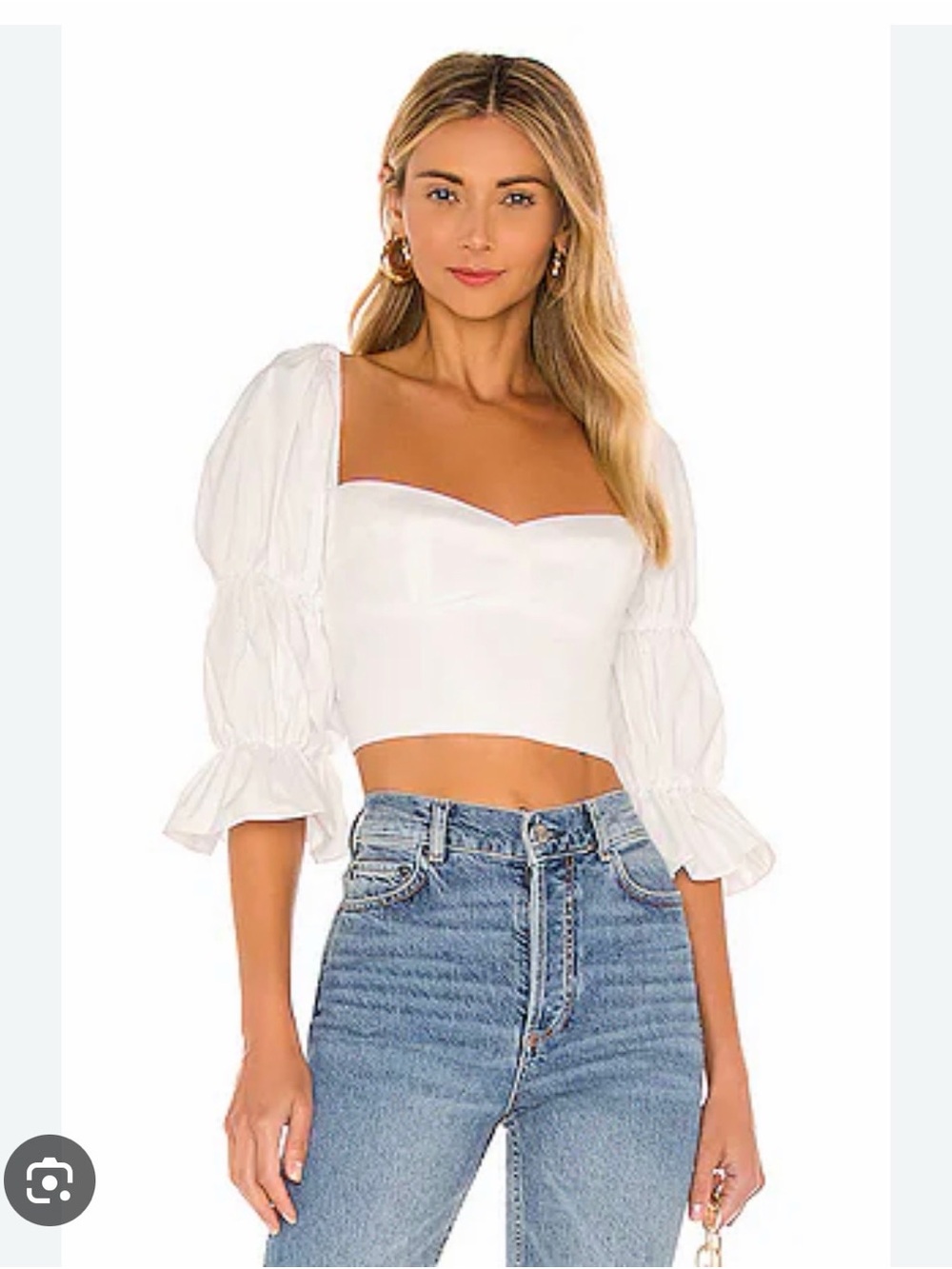 Amanda Uprichard White Puff Sleeve Cropped Sweetheart Top